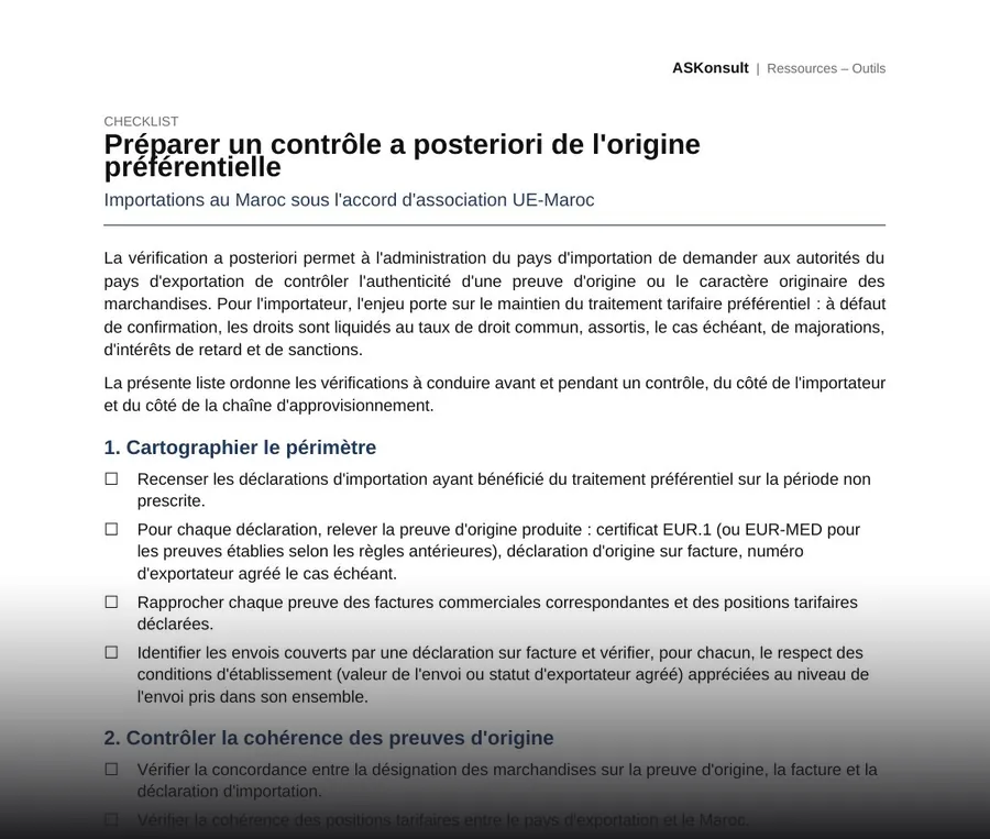 Préparer un contrôle a posteriori de l'origine préférentielle – aperçu partiel de la première page