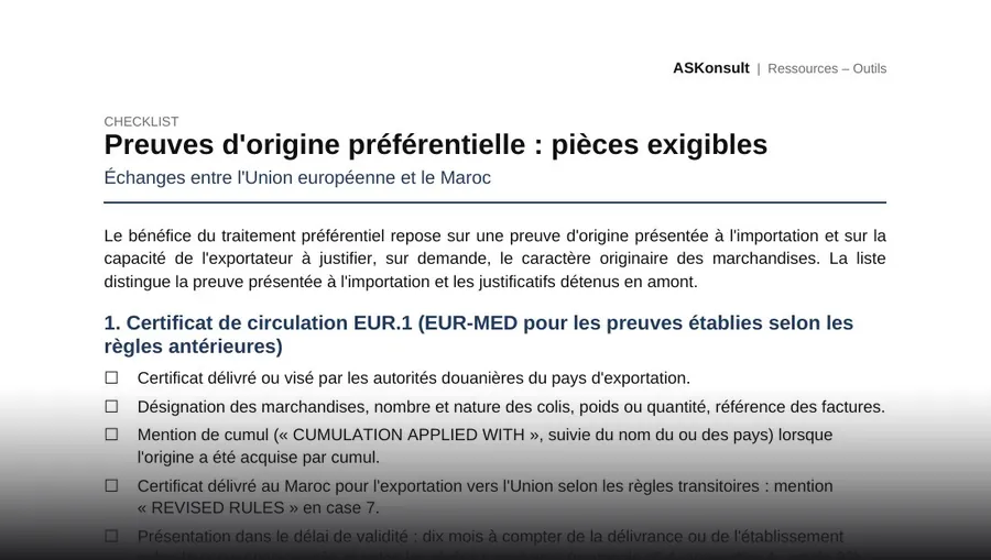 Preuves d'origine préférentielle : pièces exigibles – aperçu partiel de la première page