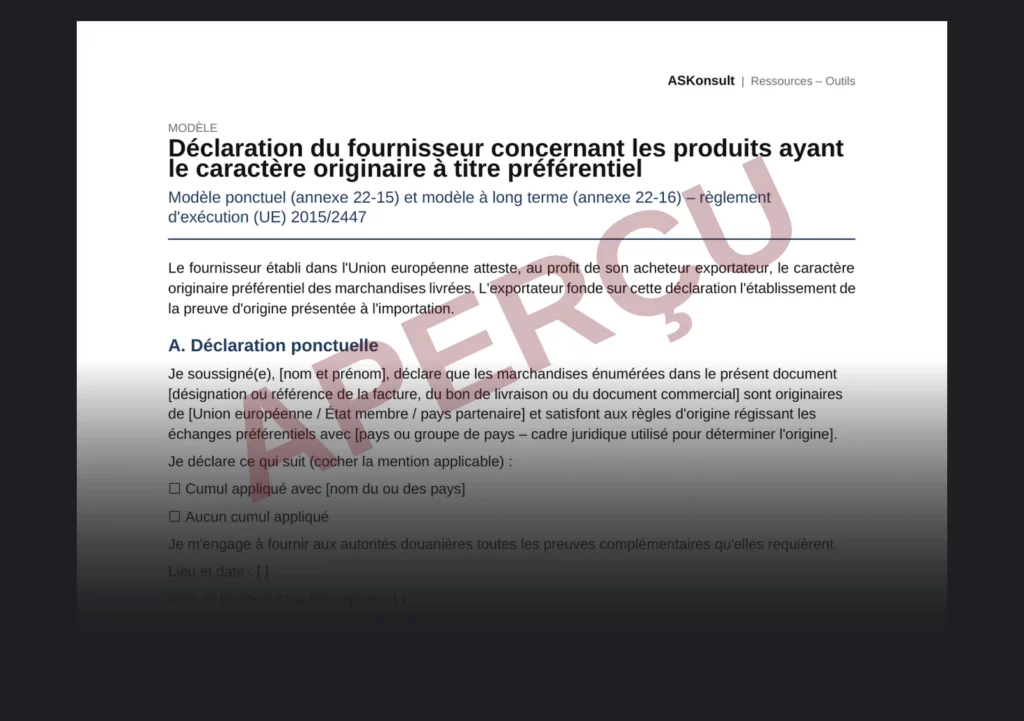 Établir une déclaration d'origine du fournisseur à titre préférentiel – aperçu partiel filigrané