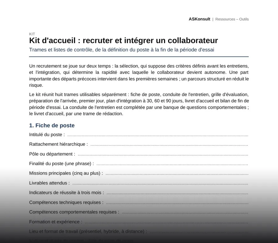 Kit d'accueil : recruter et intégrer un collaborateur – aperçu partiel de la première page