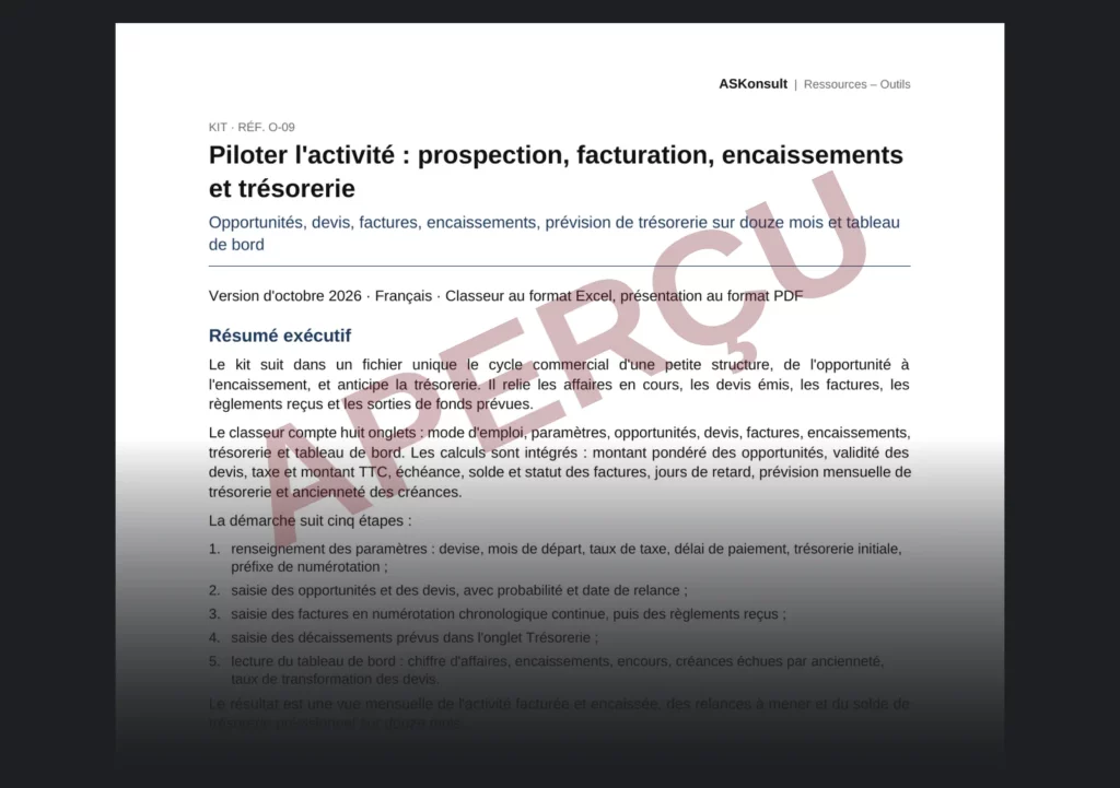 Piloter prospection, facturation et trésorerie d'une petite structure – aperçu partiel filigrané