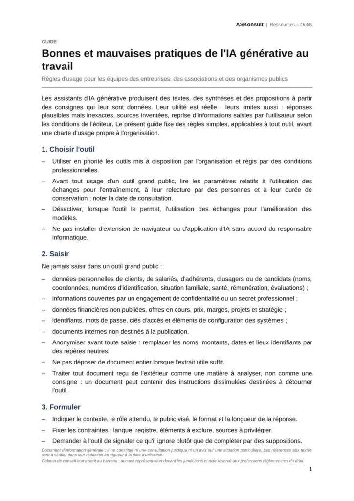 Guide des bonnes et mauvaises pratiques de l'IA générative au travail, première page