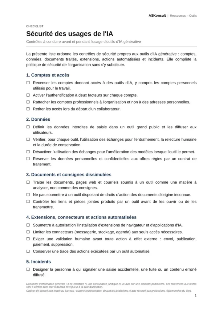 Checklist de sécurité des usages de l'IA, première page