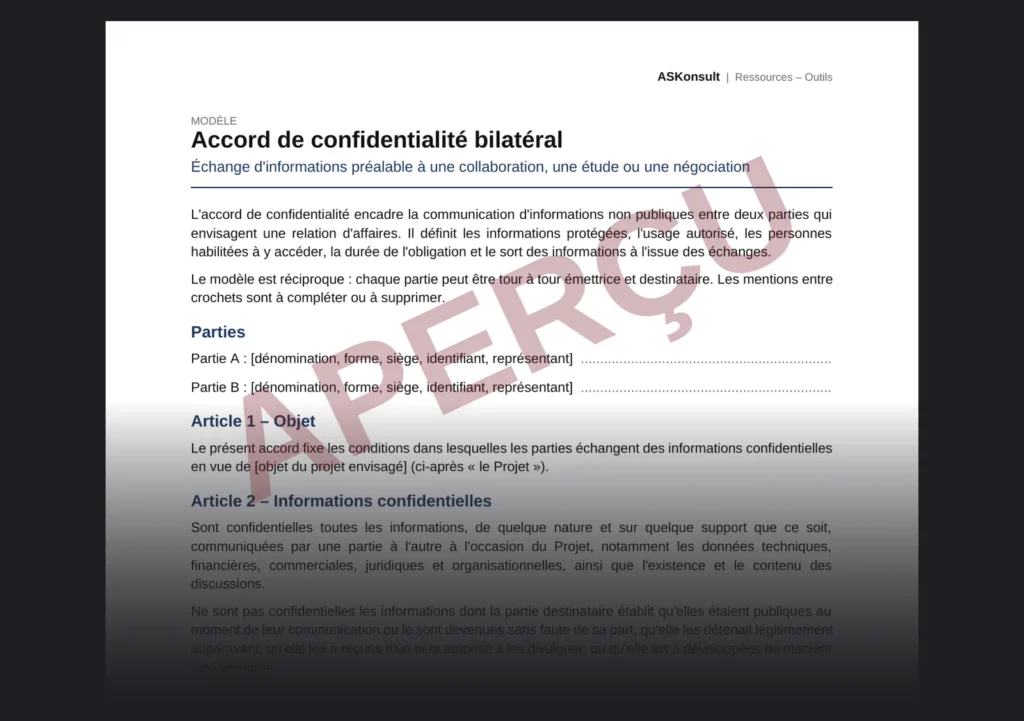 Encadrer un échange d'informations par un accord de confidentialité bilatéral – aperçu partiel filigrané