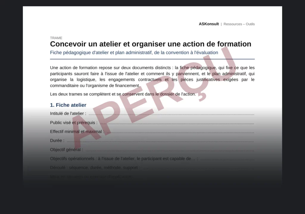 Concevoir une fiche atelier de formation et son plan administratif – aperçu partiel filigrané