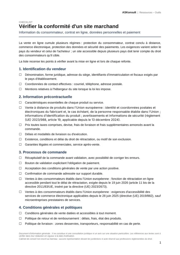 Checklist de conformité d'un site marchand, première page