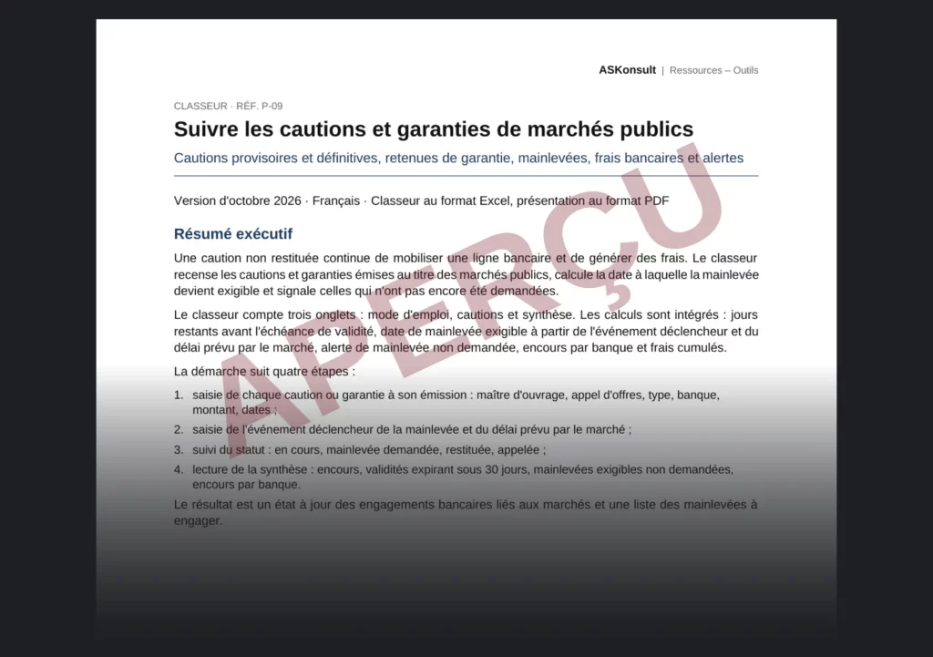 Suivre les cautions de marchés publics et leurs mainlevées – aperçu partiel filigrané