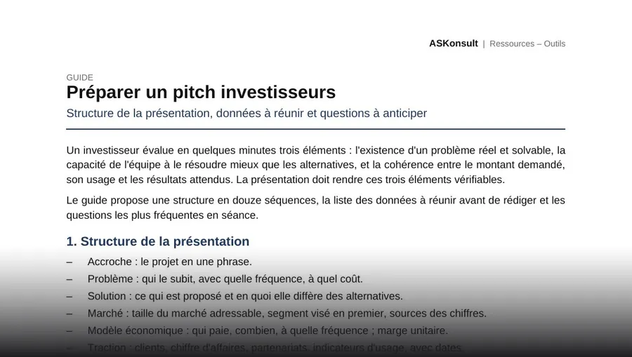 Préparer un pitch investisseurs – aperçu partiel de la première page