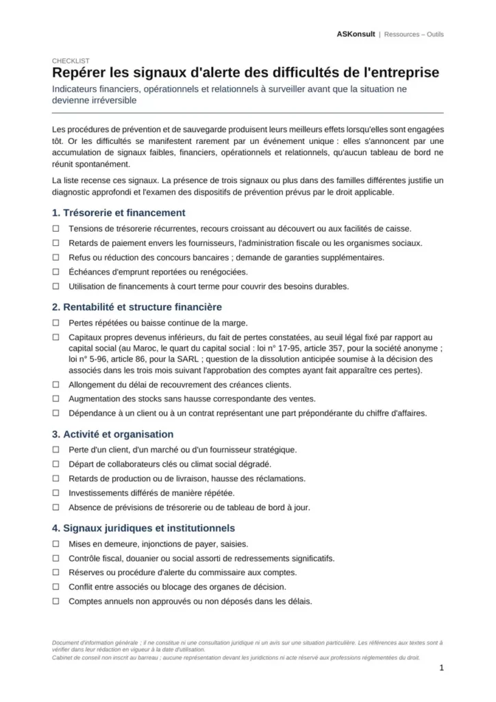 Checklist des signaux d'alerte d'une entreprise en difficulté, première page