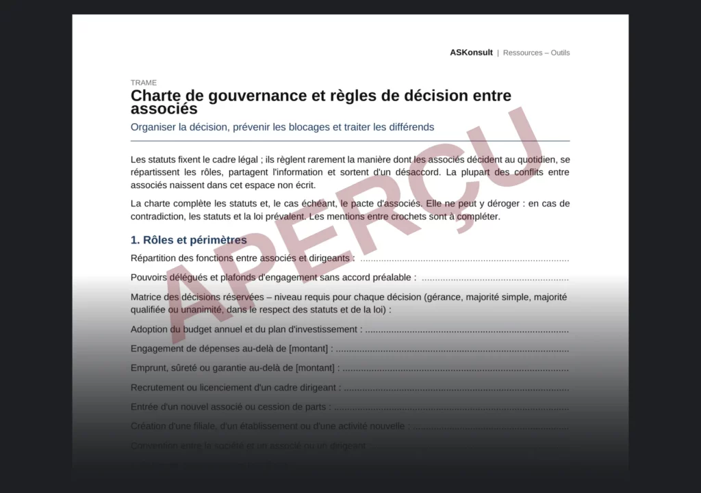 Établir une charte de gouvernance entre associés – aperçu partiel filigrané