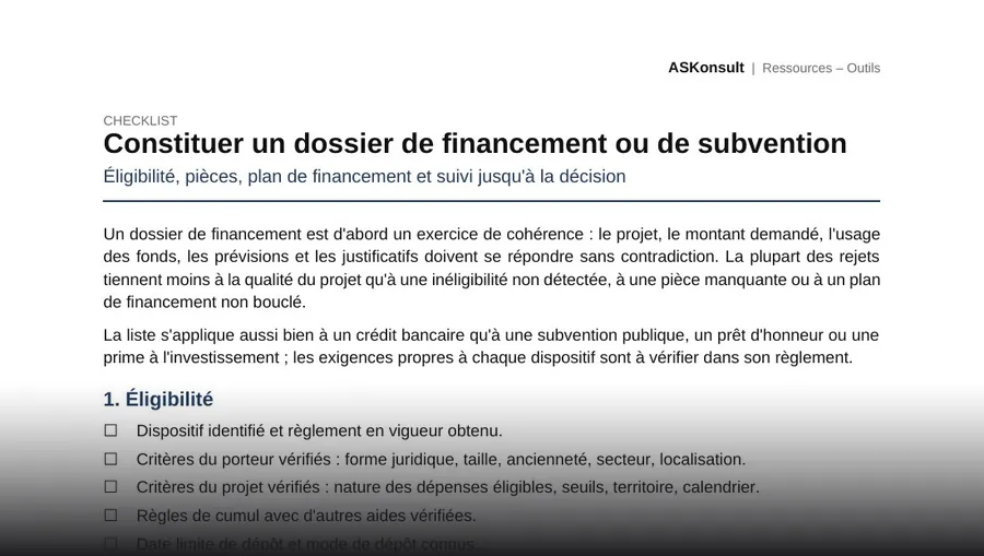 Constituer un dossier de financement ou de subvention – aperçu partiel de la première page