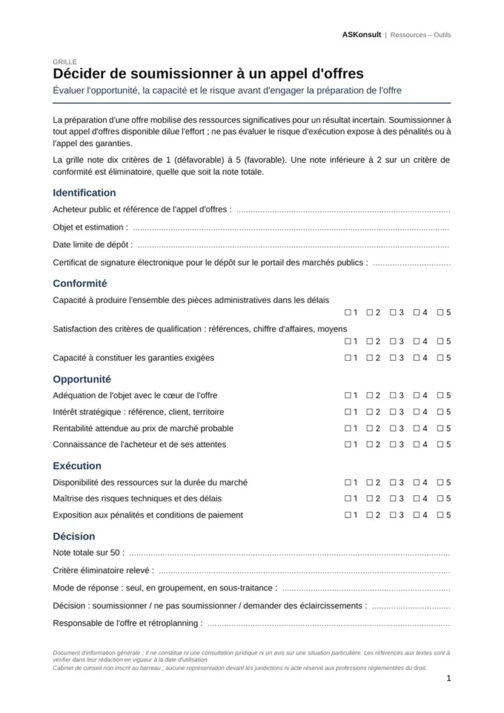 Grille de décision de soumissionner à un appel d'offres, première page