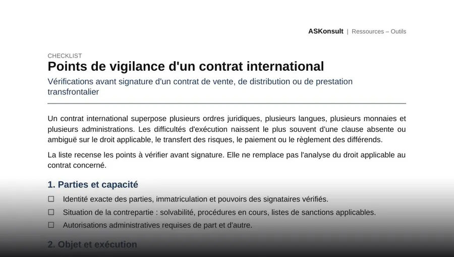 Points de vigilance d'un contrat international – aperçu partiel de la première page