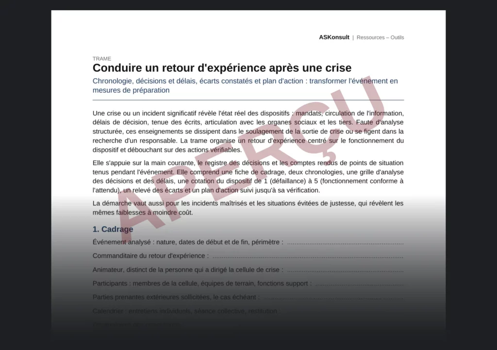 Conduire et documenter un retour d'expérience après crise – aperçu partiel filigrané