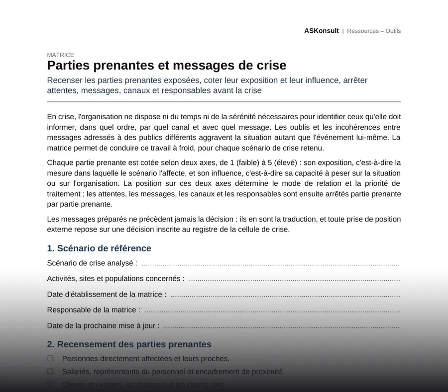 Parties prenantes et messages de crise – aperçu partiel de la première page