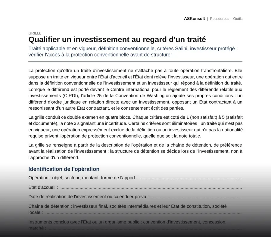 Qualifier un investissement au regard d'un traité – aperçu partiel de la première page