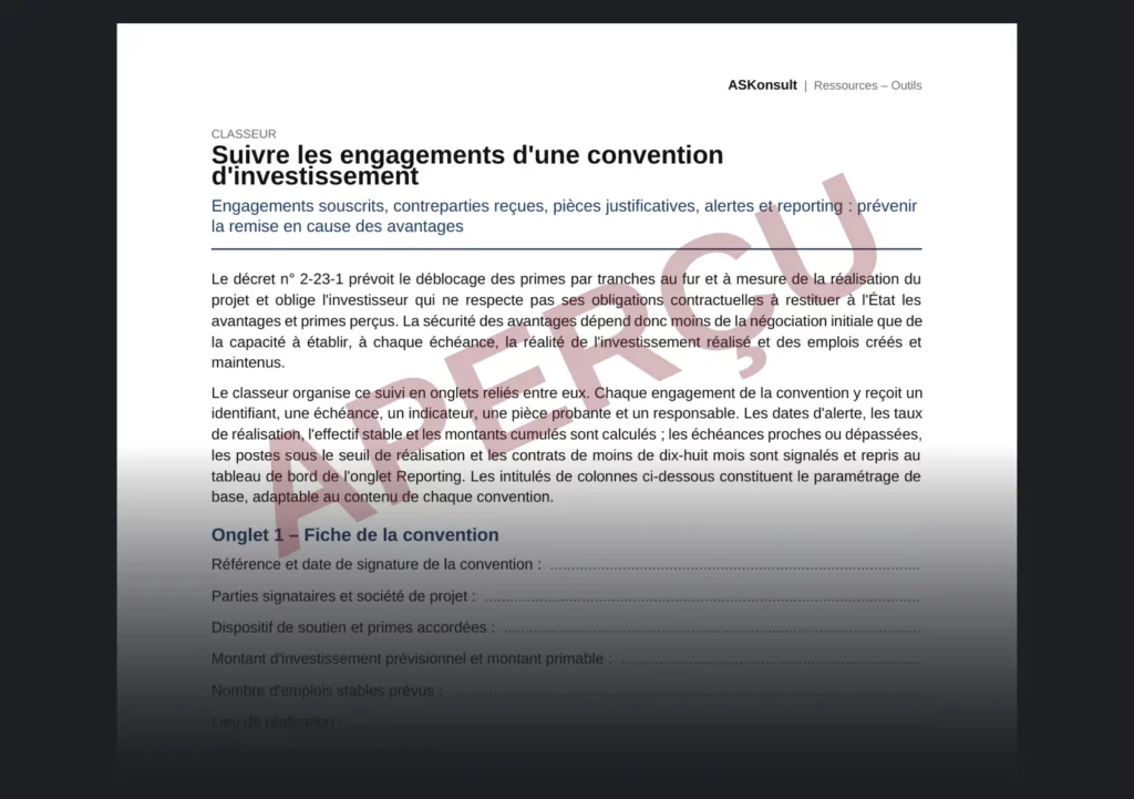 Suivre les engagements d'une convention d'investissement – aperçu partiel filigrané