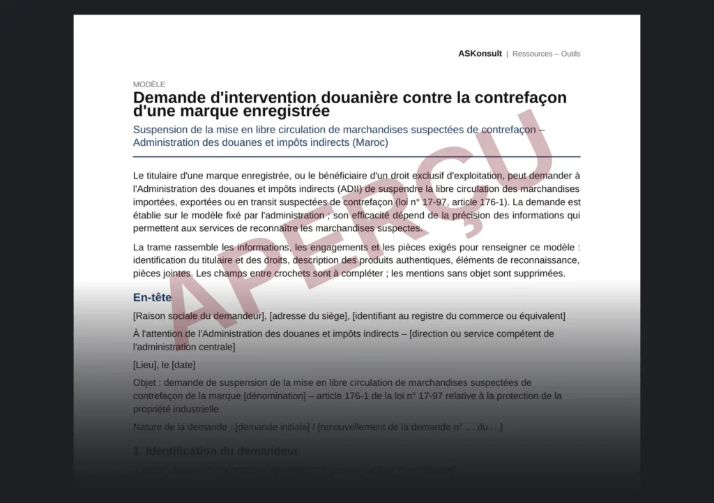 Préparer une demande d'intervention douanière contre la contrefaçon – aperçu partiel filigrané