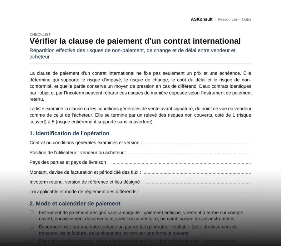 Vérifier la clause de paiement d'un contrat international – aperçu partiel de la première page