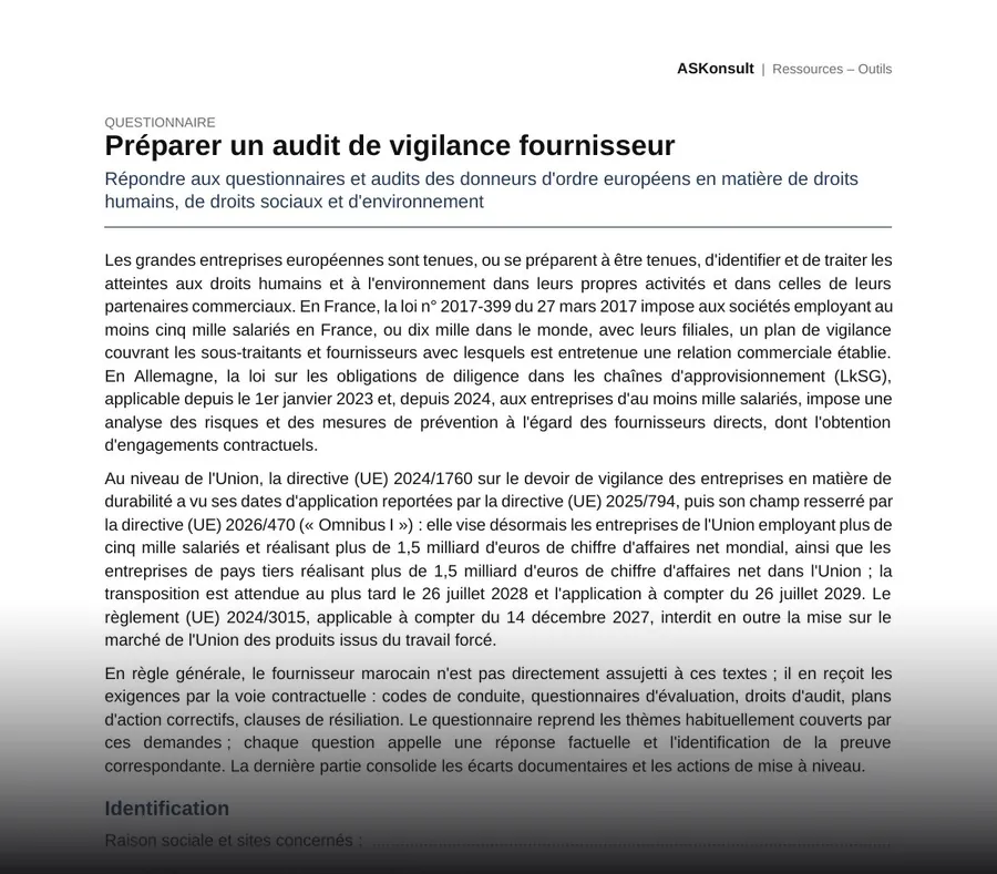 Préparer un audit de vigilance fournisseur – aperçu partiel de la première page