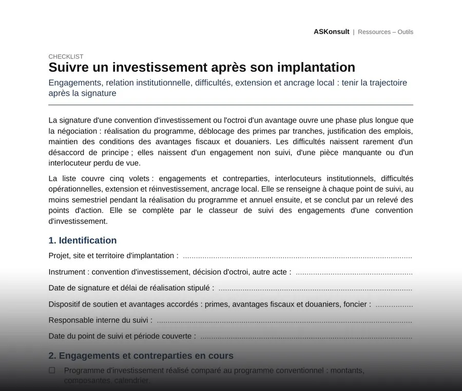 Suivre un investissement après son implantation – aperçu partiel de la première page